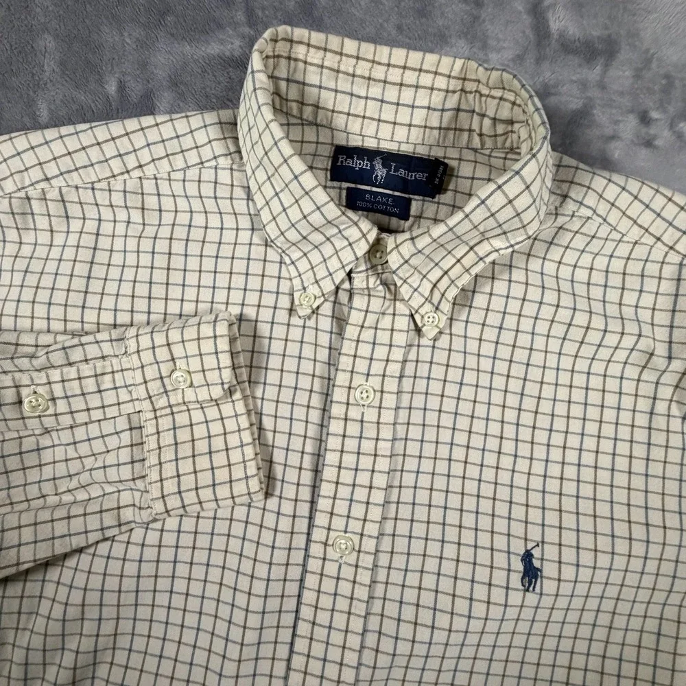 Polo Ralph Lauren Shirt Men's Large Tan Windowpane Plaid Long Sleeve Preppy Pony